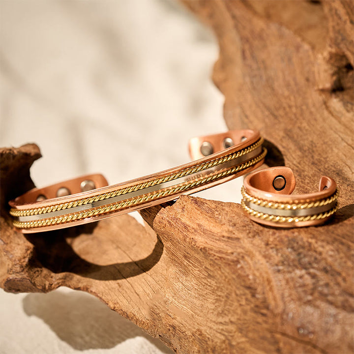 Buddha Stones Bracciale rigido con anello e polsino portafortuna in rame con design retrò intrecciato - image 3