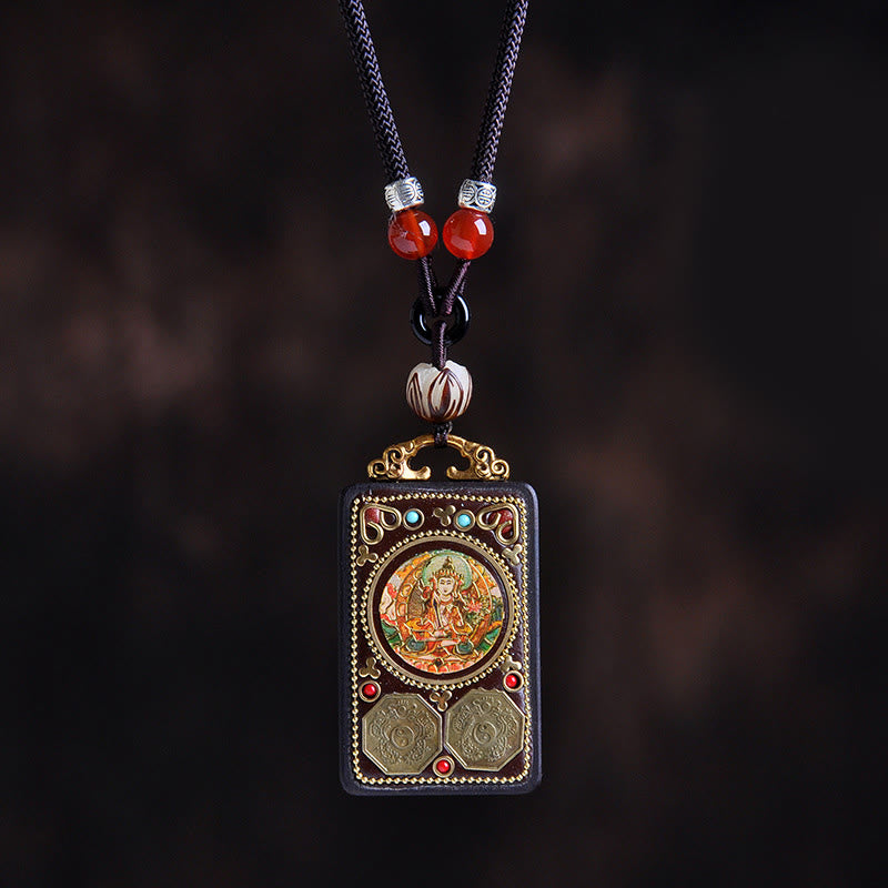 Buddha Stones Collana con ciondolo in legno di ebano e monete di rame Yin Yang Thangka Zakiram Balance - Bodhisattva Manjushri in legno di ebano - image 4