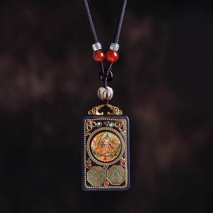 Buddha Stones Collana con ciondolo in legno di ebano e monete di rame Yin Yang Thangka Zakiram Balance - Bodhisattva Manjushri in legno di ebano - image 4