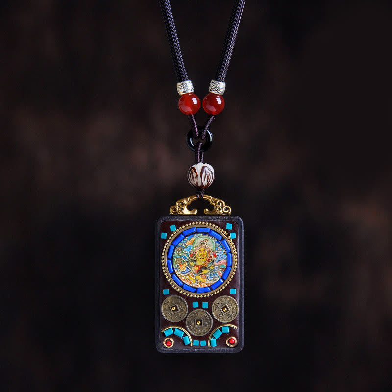 Buddha Stones Collana con ciondolo in legno di ebano e monete di rame Yin Yang Thangka Zakiram Balance - Dio della ricchezza in legno d'ebano - image 15