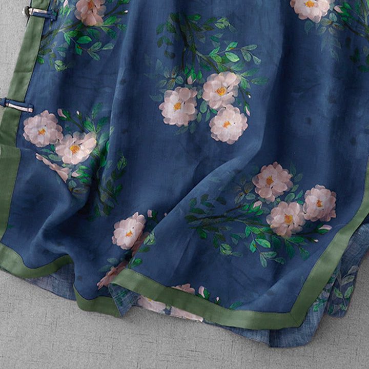 Buddha Stones Abito midi con maniche a mezza manica, spacchi laterali, motivo a fiori di melograno e orchidea con bottoni a rana - image 19