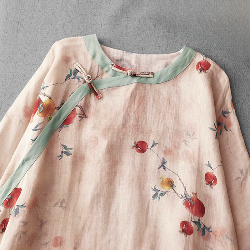 Buddha Stones Abito midi con maniche a mezza manica, spacchi laterali, motivo a fiori di melograno e orchidea con bottoni a rana - image 3