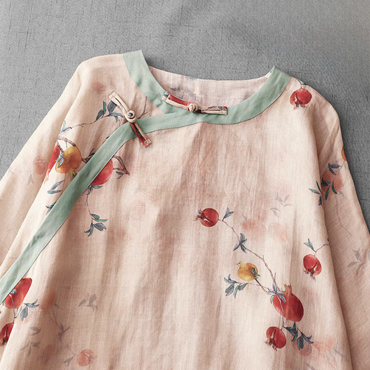 Buddha Stones Abito midi con maniche a mezza manica, spacchi laterali, motivo a fiori di melograno e orchidea con bottoni a rana - image 3