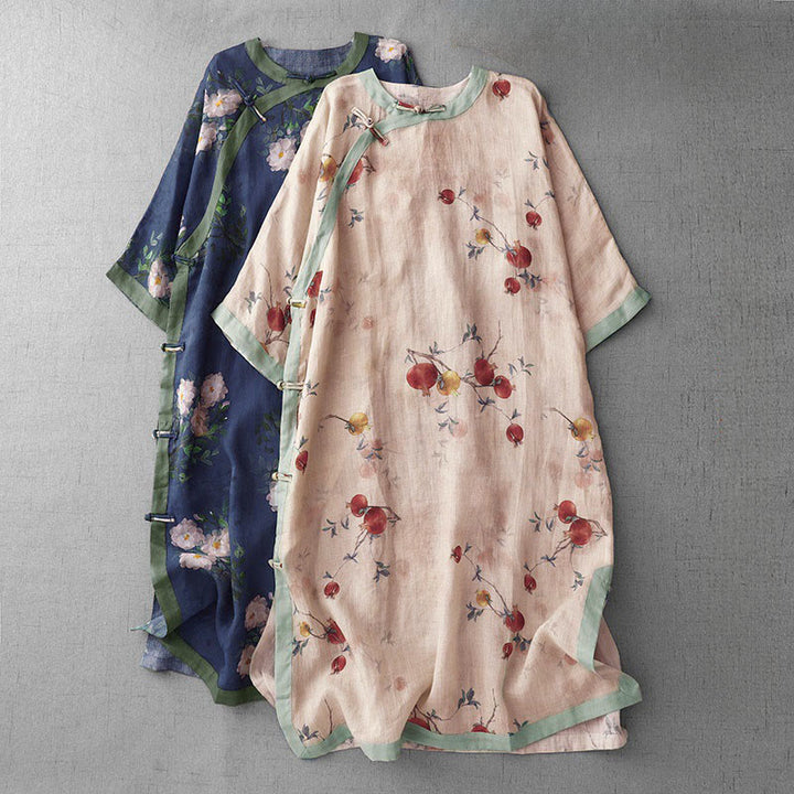 Buddha Stones Abito midi con maniche a mezza manica, spacchi laterali, motivo a fiori di melograno e orchidea con bottoni a rana - image 0