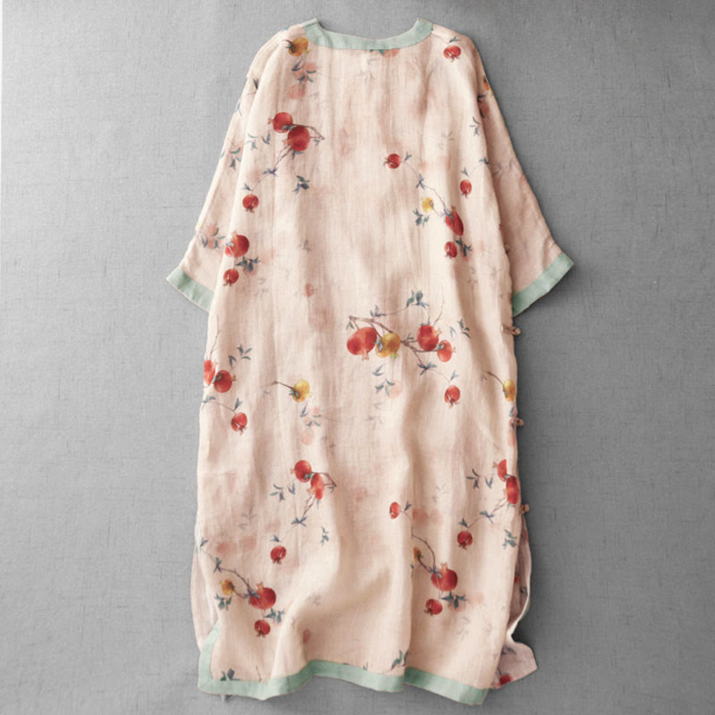 Buddha Stones Abito midi con maniche a mezza manica, spacchi laterali, motivo a fiori di melograno e orchidea con bottoni a rana - image 2