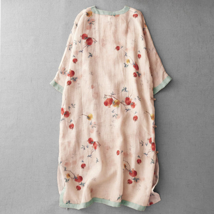 Buddha Stones Abito midi con maniche a mezza manica, spacchi laterali, motivo a fiori di melograno e orchidea con bottoni a rana - image 2