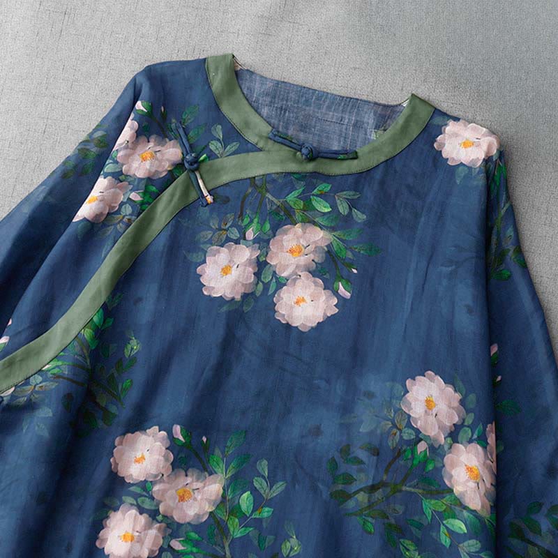 Buddha Stones Abito midi con maniche a mezza manica, spacchi laterali, motivo a fiori di melograno e orchidea con bottoni a rana - image 13