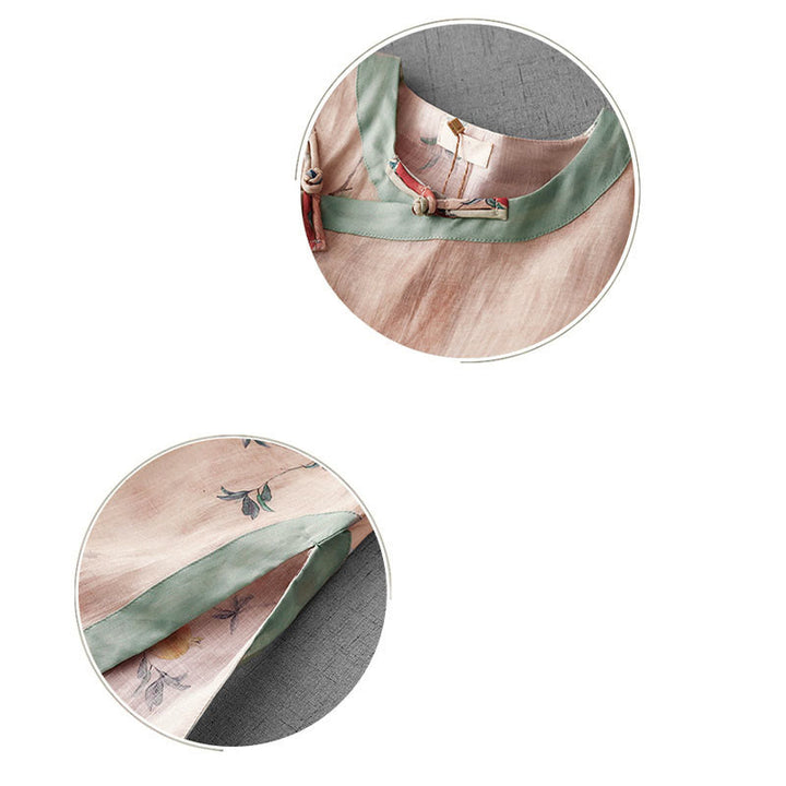 Buddha Stones Abito midi con maniche a mezza manica, spacchi laterali, motivo a fiori di melograno e orchidea con bottoni a rana - image 11