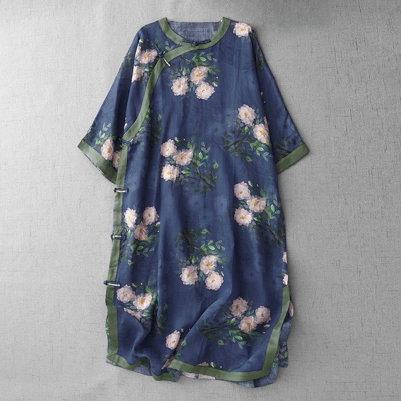 Buddha Stones Abito midi con maniche a mezza manica, spacchi laterali, motivo a fiori di melograno e orchidea con bottoni a rana - Blu scuro - US12, UK/AU16, EU44 (2XL) - image 12