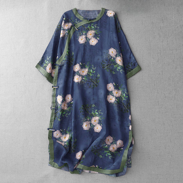 Buddha Stones Abito midi con maniche a mezza manica, spacchi laterali, motivo a fiori di melograno e orchidea con bottoni a rana - Blu scuro - US12, UK/AU16, EU44 (2XL) - image 12