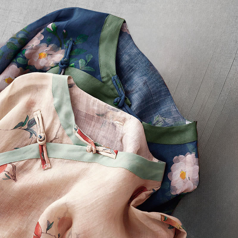 Buddha Stones Abito midi con maniche a mezza manica, spacchi laterali, motivo a fiori di melograno e orchidea con bottoni a rana - image 21