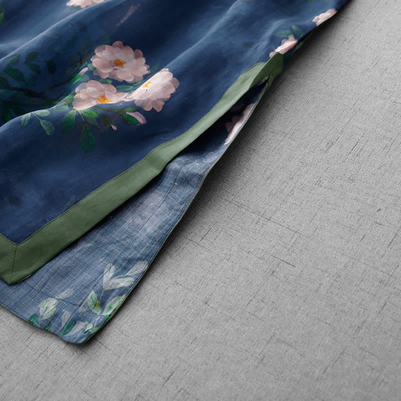 Buddha Stones Abito midi con maniche a mezza manica, spacchi laterali, motivo a fiori di melograno e orchidea con bottoni a rana - image 16