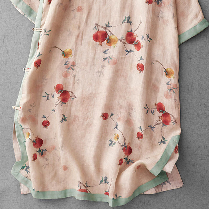 Buddha Stones Abito midi con maniche a mezza manica, spacchi laterali, motivo a fiori di melograno e orchidea con bottoni a rana - image 4