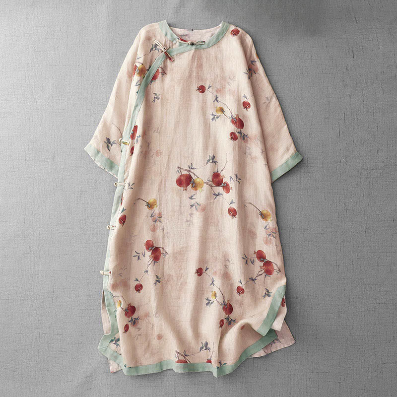 Abito midi a maniche corte con spacco laterale, motivo a orchidea, melograno e bottoni a rana Buddha Stones , orchidea e rana. - PeachPuff - US12, UK/AU16, EU44 (2XL) - image 1