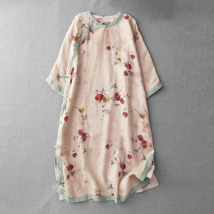 Abito midi a maniche corte con spacco laterale, motivo a orchidea, melograno e bottoni a rana Buddha Stones , orchidea e rana. - PeachPuff - US12, UK/AU16, EU44 (2XL) - image 1