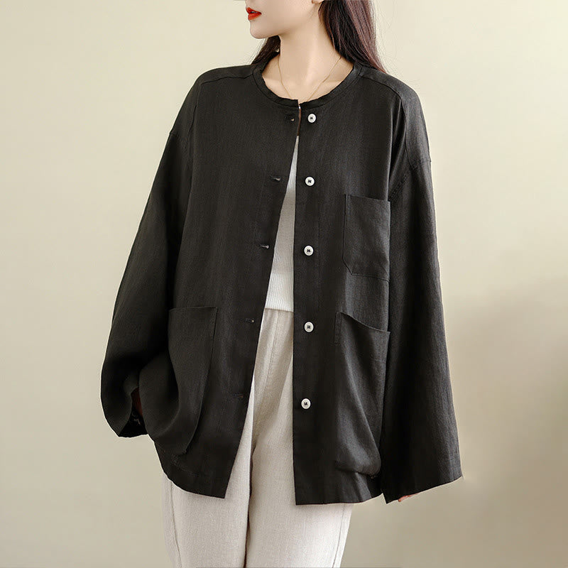 Buddha Stones Camicia da donna in cotone con bottoni, maniche lunghe, girocollo e tasche, tinta unita - Nero - US8-10, UK/AU12-14, EU40-42 (2XL) - image 0