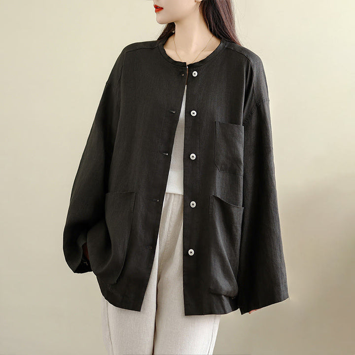 Buddha Stones Camicia da donna in cotone con bottoni, maniche lunghe, girocollo e tasche, tinta unita - Nero - US8-10, UK/AU12-14, EU40-42 (2XL) - image 0