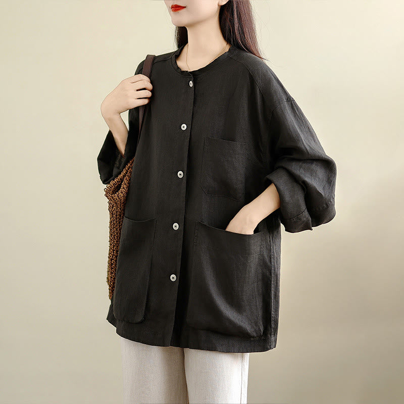 Buddha Stones Camicia da donna in cotone con bottoni, maniche lunghe, girocollo e tasche, tinta unita - image 5