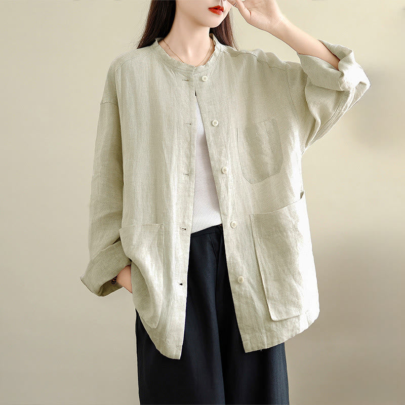 Buddha Stones Camicia da donna in cotone con bottoni, maniche lunghe, girocollo e tasche, tinta unita - Bianco - US8-10, UK/AU12-14, EU40-42 (2XL) - image 7