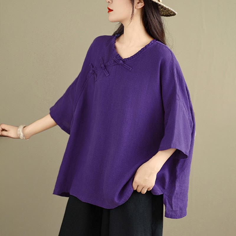 Buddha Stones Camicia da donna in cotone tinta unita con scollo a V, maniche lunghe, bottoni a rana e bottoni a pressione - image 15