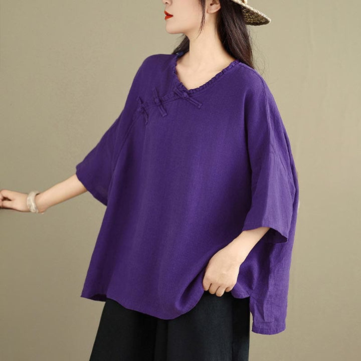 Buddha Stones Camicia da donna in cotone tinta unita con scollo a V, maniche lunghe, bottoni a rana e bottoni a pressione - image 15