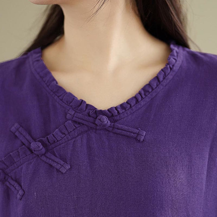 Buddha Stones Camicia da donna in cotone tinta unita con scollo a V, maniche lunghe, bottoni a rana e bottoni a pressione - image 18