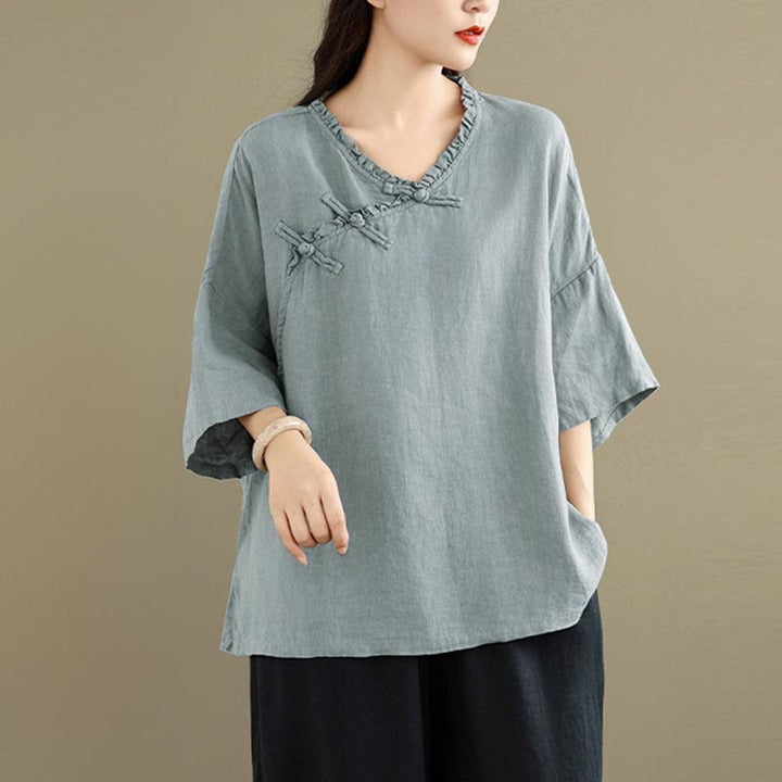 Buddha Stones Camicia da donna in cotone tinta unita con scollo a V, maniche lunghe, bottoni a rana e bottoni a pressione - image 1