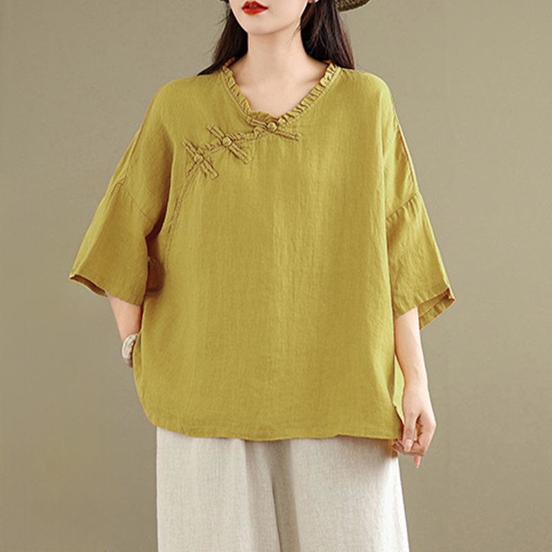 Buddha Stones Camicia da donna in cotone tinta unita con scollo a V, maniche lunghe, bottoni a rana e bottoni a pressione - Verga d'oro - US8-10, UK/AU12-14, EU40-42 (2XL) - image 6