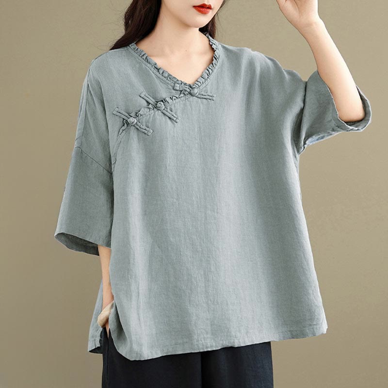 Buddha Stones Camicia da donna in cotone tinta unita con scollo a V, maniche lunghe, bottoni a rana e bottoni a pressione - image 3