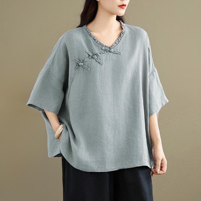 Buddha Stones Camicia da donna in cotone tinta unita con scollo a V, maniche lunghe, bottoni a rana e bottoni a pressione - image 2