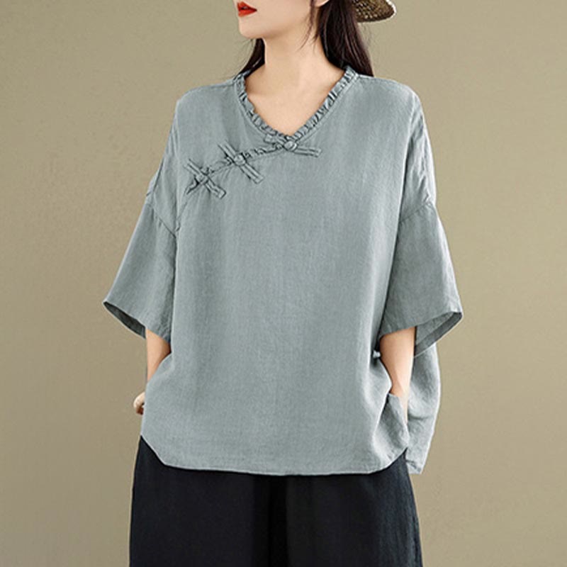 Buddha Stones Camicia da donna in cotone tinta unita con scollo a V, maniche lunghe, bottoni a rana e bottoni a pressione - image 4