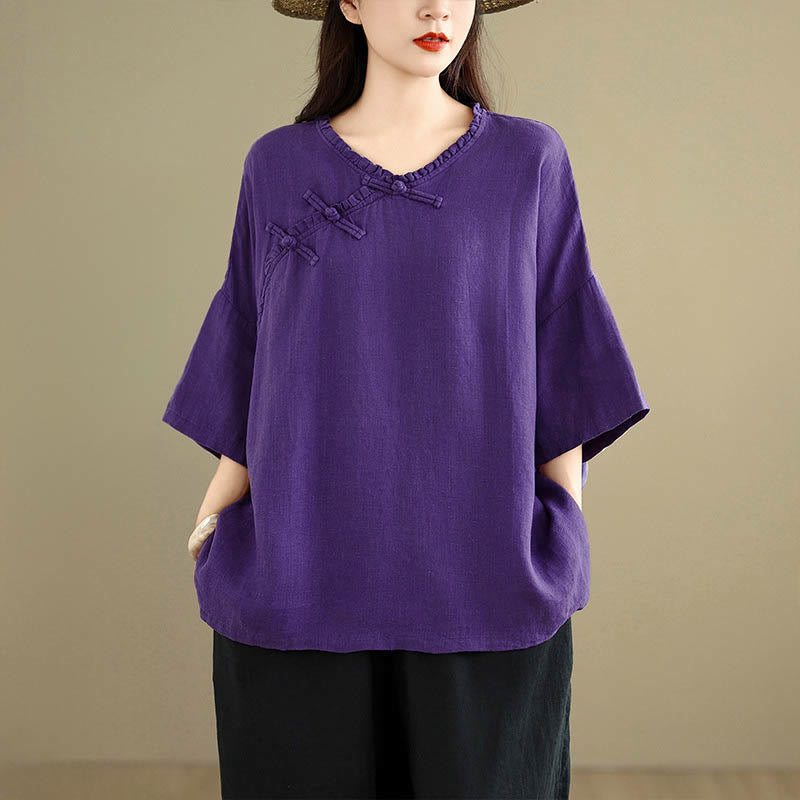 Buddha Stones Camicia da donna in cotone tinta unita con scollo a V, maniche lunghe, bottoni a rana e bottoni a pressione - image 13