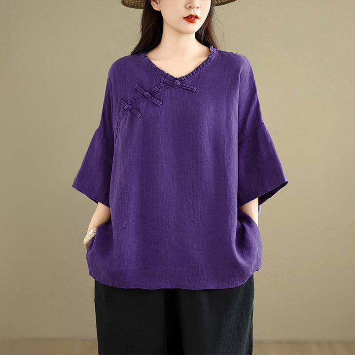 Buddha Stones Camicia da donna in cotone tinta unita con scollo a V, maniche lunghe, bottoni a rana e bottoni a pressione - image 13