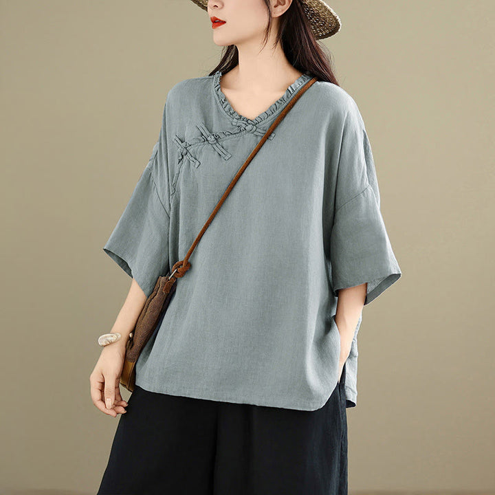 Buddha Stones Camicia da donna in cotone tinta unita con scollo a V, maniche lunghe, bottoni a rana e bottoni a pressione - Azzurro chiaro - US8-10, UK/AU12-14, EU40-42 (2XL) - image 0
