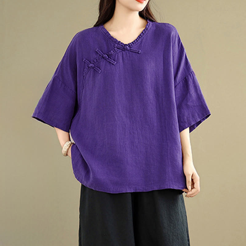 Buddha Stones Camicia da donna in cotone tinta unita con scollo a V, maniche lunghe, bottoni a rana e bottoni a pressione - Indaco - US8-10, UK/AU12-14, EU40-42 (2XL) - image 12