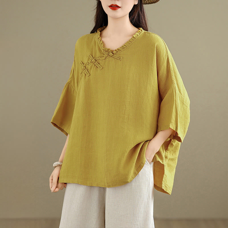 Buddha Stones Camicia da donna in cotone tinta unita con scollo a V, maniche lunghe, bottoni a rana e bottoni a pressione - image 10