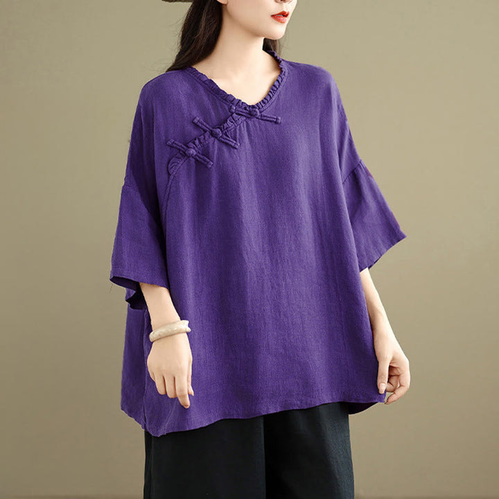 Buddha Stones Camicia da donna in cotone tinta unita con scollo a V, maniche lunghe, bottoni a rana e bottoni a pressione - image 14
