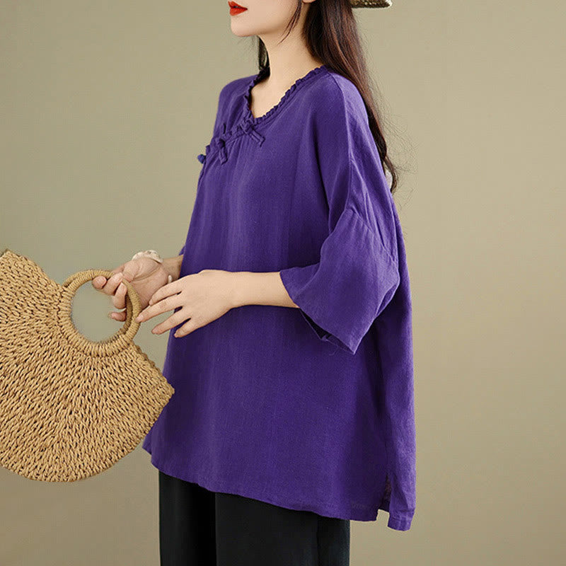 Buddha Stones Camicia da donna in cotone tinta unita con scollo a V, maniche lunghe, bottoni a rana e bottoni a pressione - image 16
