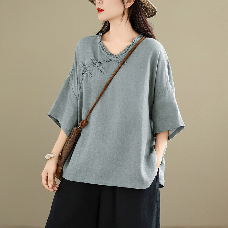 Buddha Stones Camicia da donna in cotone tinta unita con scollo a V, maniche lunghe, bottoni a rana e bottoni a pressione - Azzurro chiaro - US8-10, UK/AU12-14, EU40-42 (2XL) - image 0