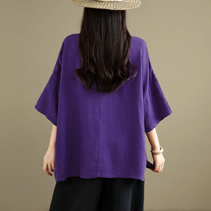 Buddha Stones Camicia da donna in cotone tinta unita con scollo a V, maniche lunghe, bottoni a rana e bottoni a pressione - image 17