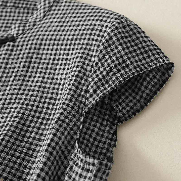 Buddha Stones Camicia estiva da donna in cotone a quadri con maniche corte, scollo rotondo e bottoni a rana - image 2