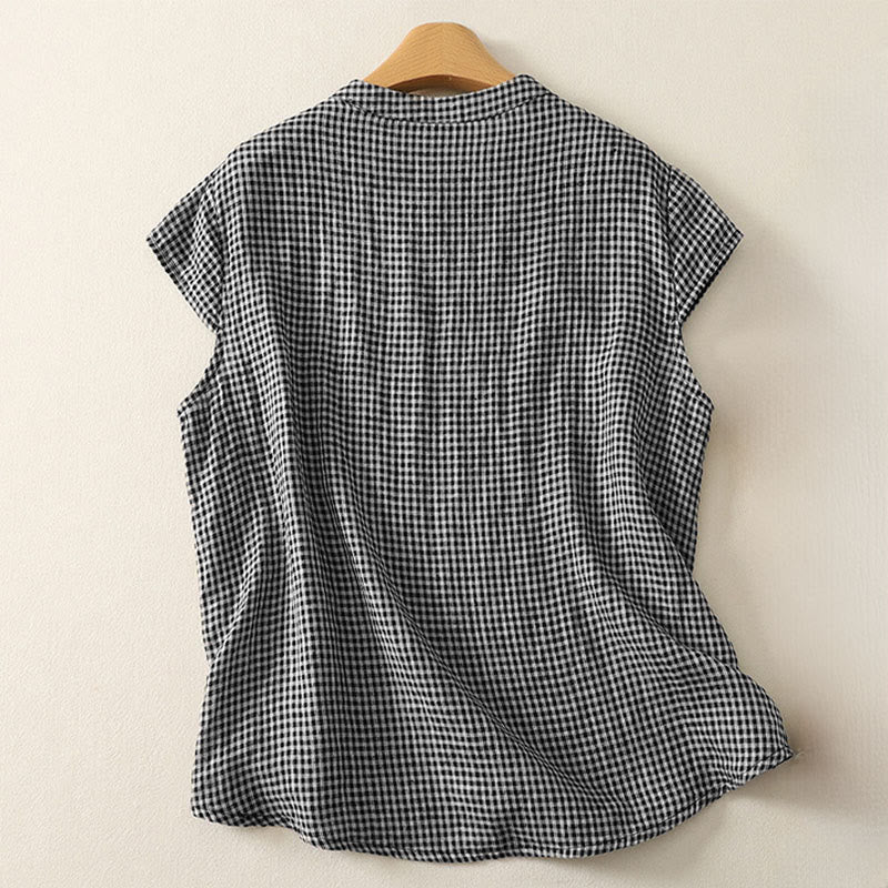 Buddha Stones Camicia estiva da donna in cotone a quadri con maniche corte, scollo rotondo e bottoni a rana - image 1