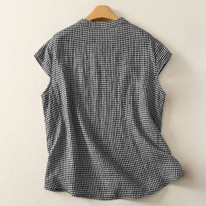 Buddha Stones Camicia estiva da donna in cotone a quadri con maniche corte, scollo rotondo e bottoni a rana - image 1