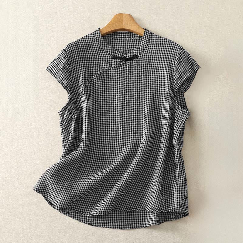 Buddha Stones Camicia estiva da donna in cotone a quadri con maniche corte, scollo rotondo e bottoni a rana - Nero - US8-10, UK/AU12-14, EU40-42 (2XL) - image 0