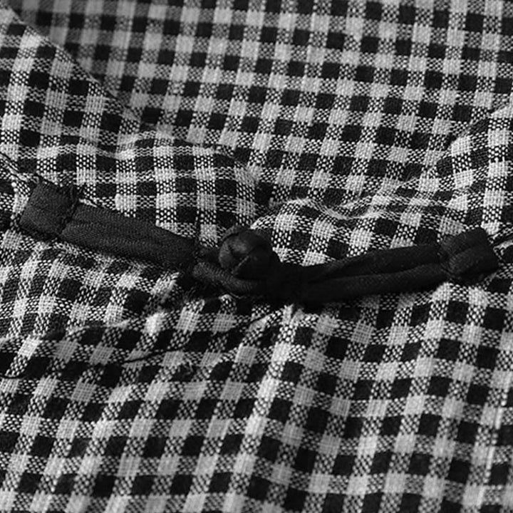 Buddha Stones Camicia estiva da donna in cotone a quadri con maniche corte, scollo rotondo e bottoni a rana - image 4