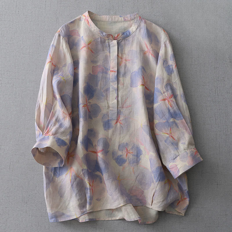 Buddha Stones Camicia da donna in poliestere con maniche lunghe e scollo rotondo con motivo floreale primaverile - Ardesia mediaBlu - US8-10, UK/AU12-14, EU40-42 (2XL) - image 1