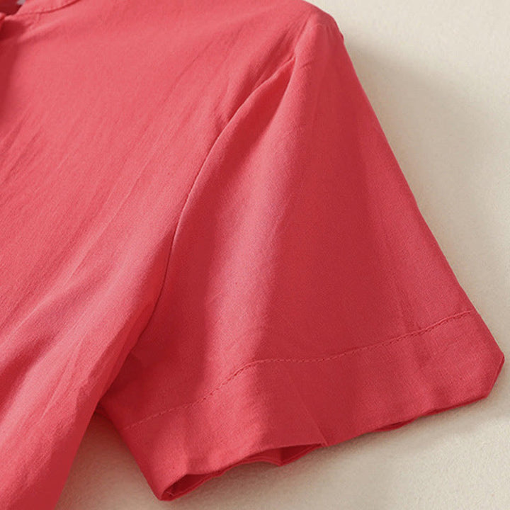 Buddha Stones Camicia da donna in cotone con bottoni, manica corta e colletto rialzato, tinta unita, con tasca - image 9