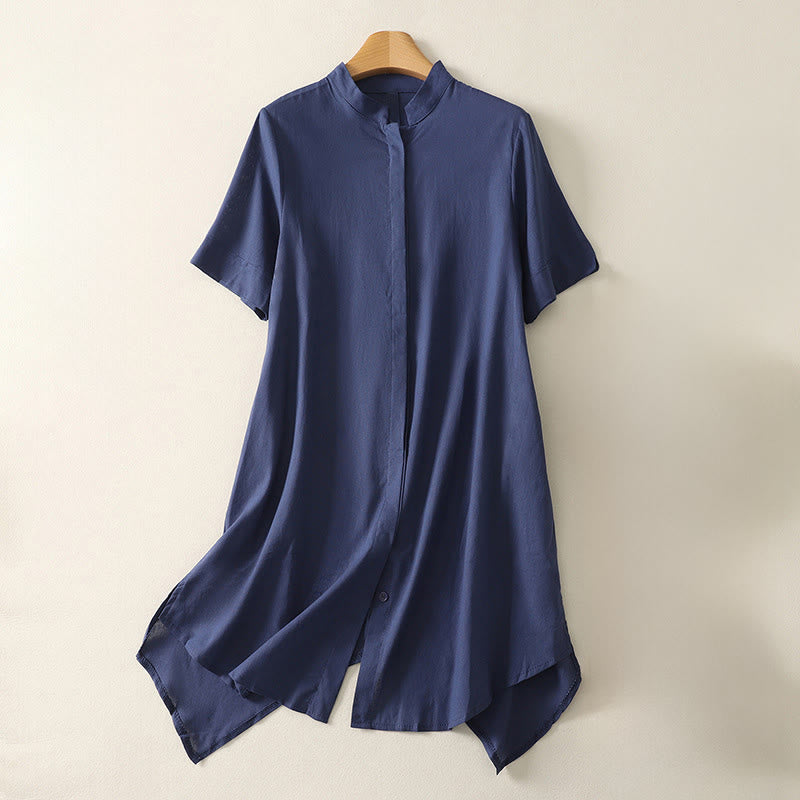 Buddha Stones Camicia da donna in cotone con bottoni, manica corta e colletto rialzato, tinta unita, con tasca - Blu scuro - US8-10, UK/AU12-14, EU40-42 (2XL) - image 0