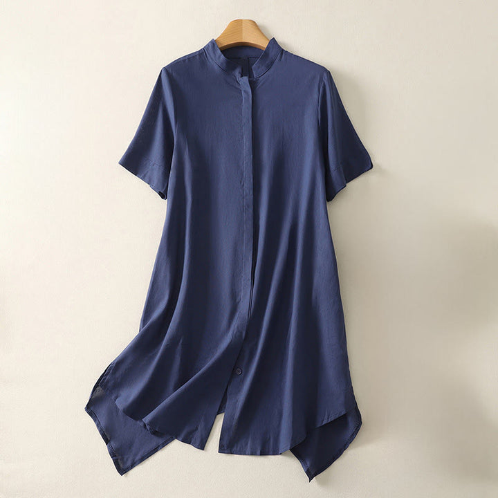 Buddha Stones Camicia da donna in cotone con bottoni, manica corta e colletto rialzato, tinta unita, con tasca - Blu scuro - US8-10, UK/AU12-14, EU40-42 (2XL) - image 0