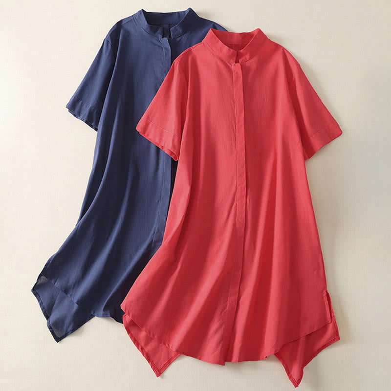 Buddha Stones Camicia da donna in cotone con bottoni, manica corta e colletto rialzato, tinta unita, con tasca - image 15